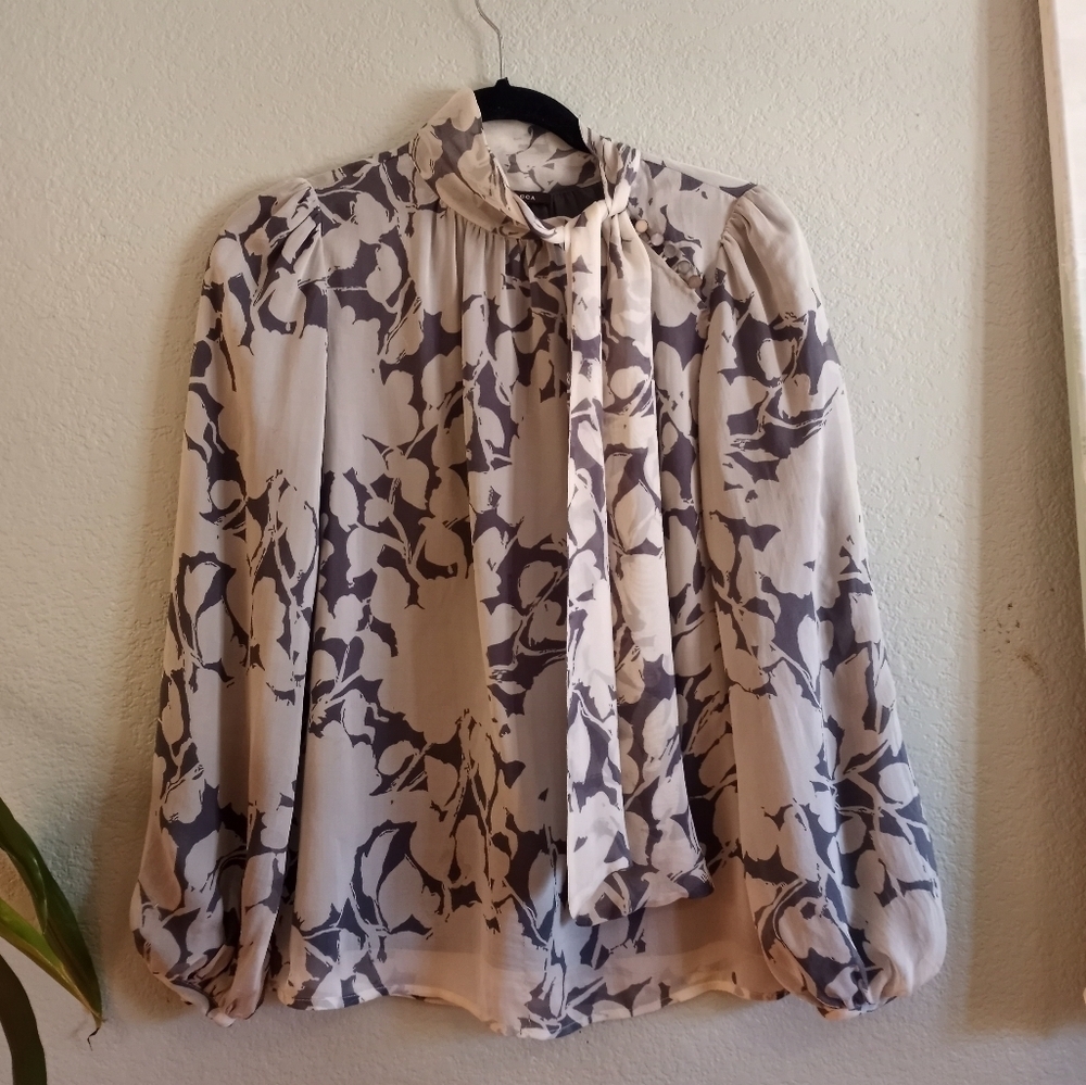 Tocca Silk Whimsigoth Victorian Grey Black Pussybow Romantic Sheer Boho Blouse 2